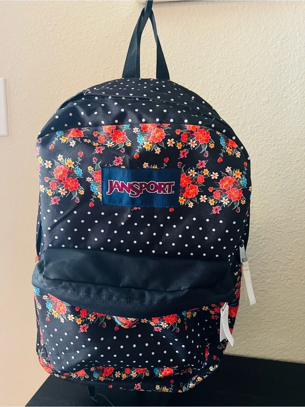 Jansport Superbreak Floral Backpack Black with Red & Pink Floral Accents